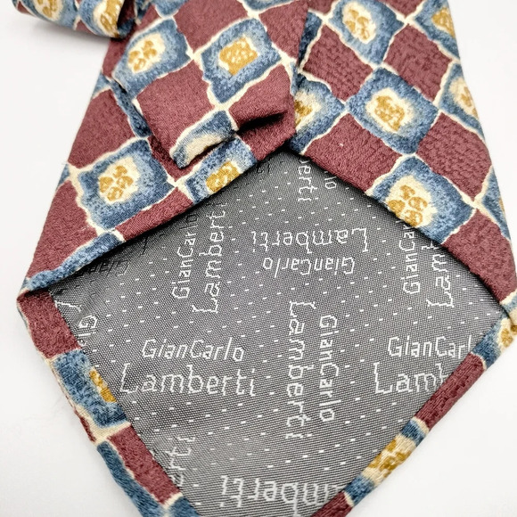 Lamberti Men's Tie Silk Maroon Blue Gold Geometric Pattern Made in Italy - Picture 3 of 8
